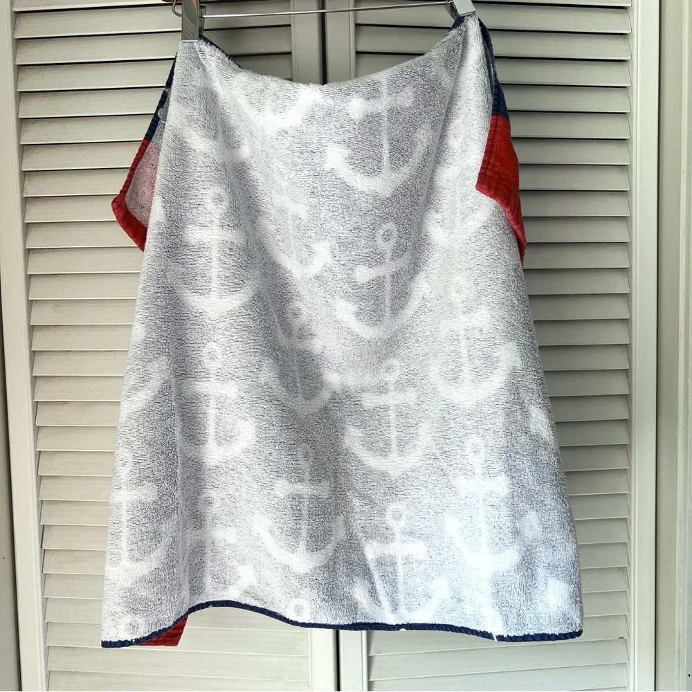 💙⚓️❤️ Pottery Barn Kids Anchor Baby Hooded Beach Bath Towel Red White Navy Blue